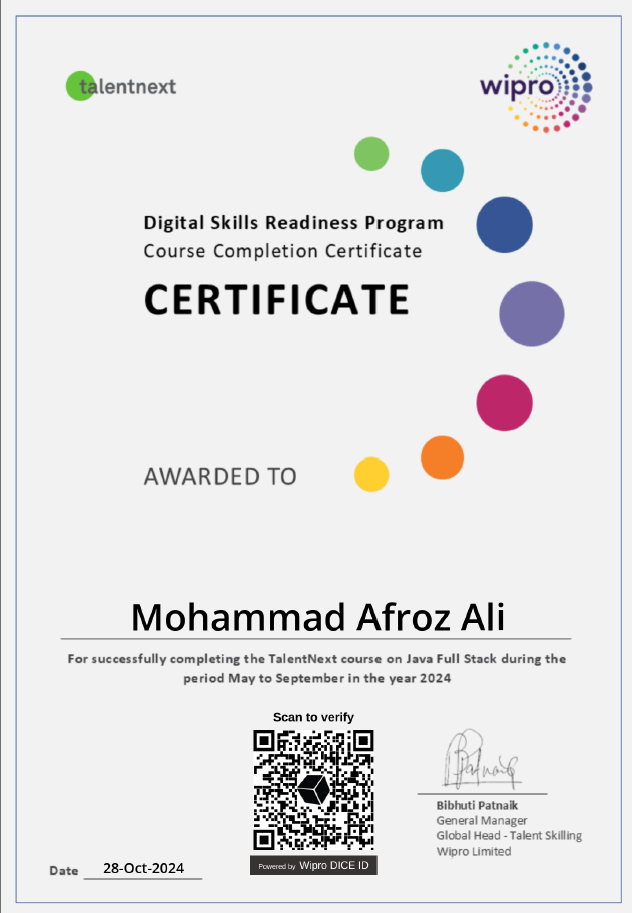 wipro full stack Certification
